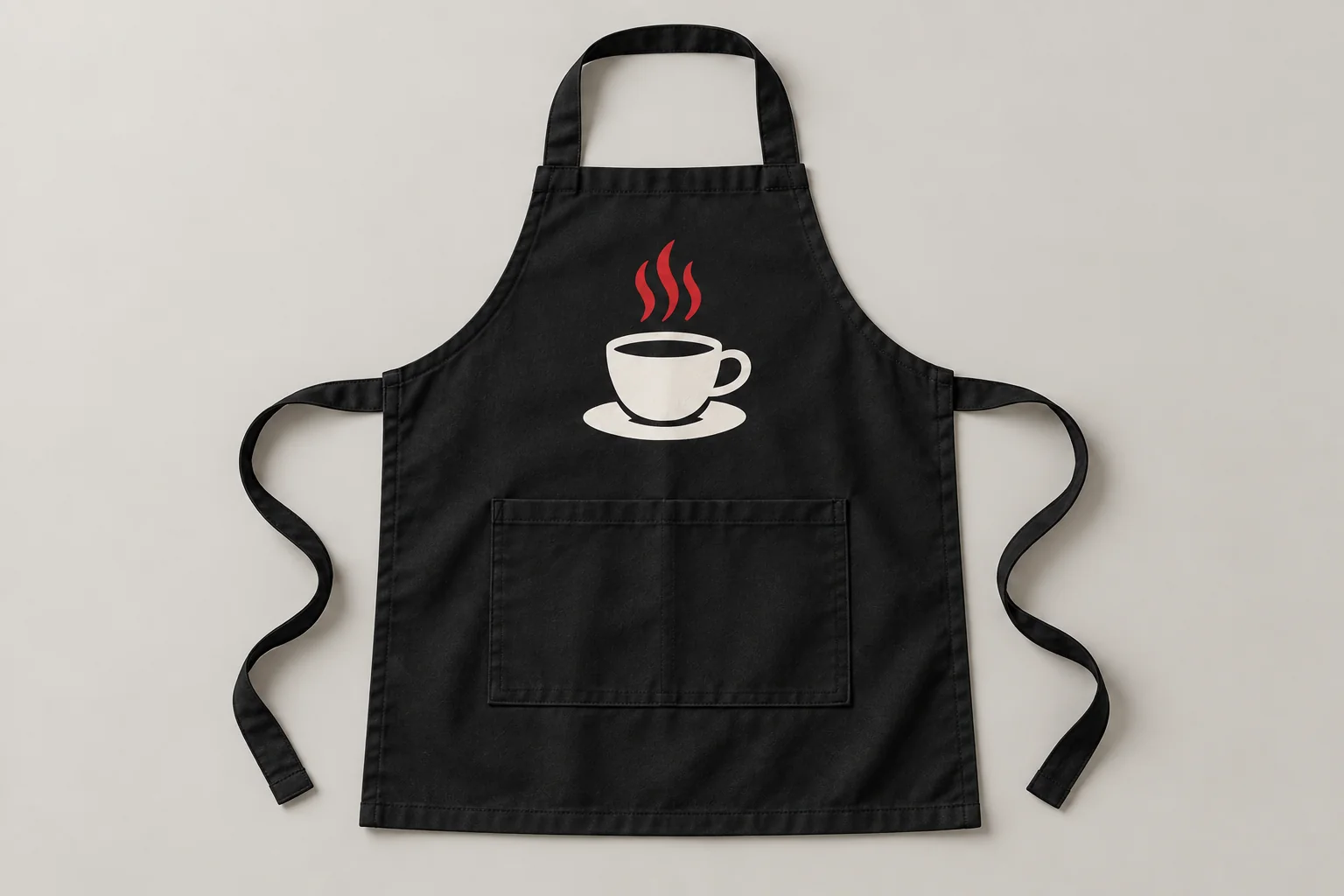 Illustrative mockup of a black apron printed with a white cup and red steam