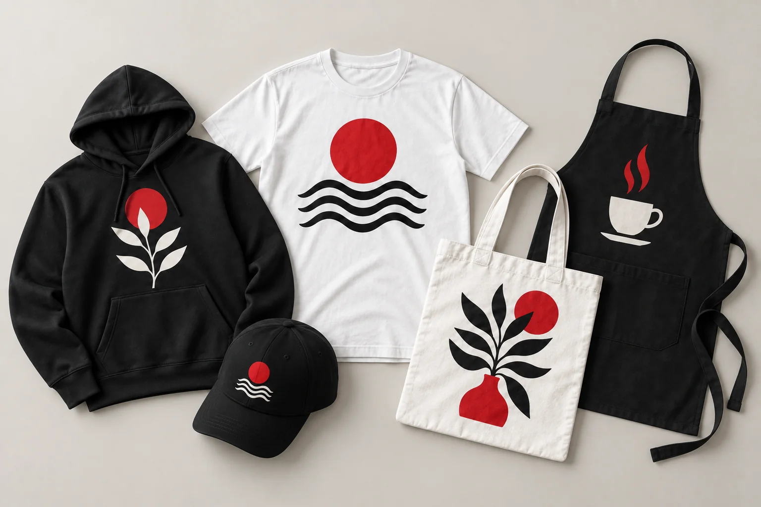 Illustrative mockups of a t-shirt, hoodie, cap, tote bag, and apron with coordinated prints