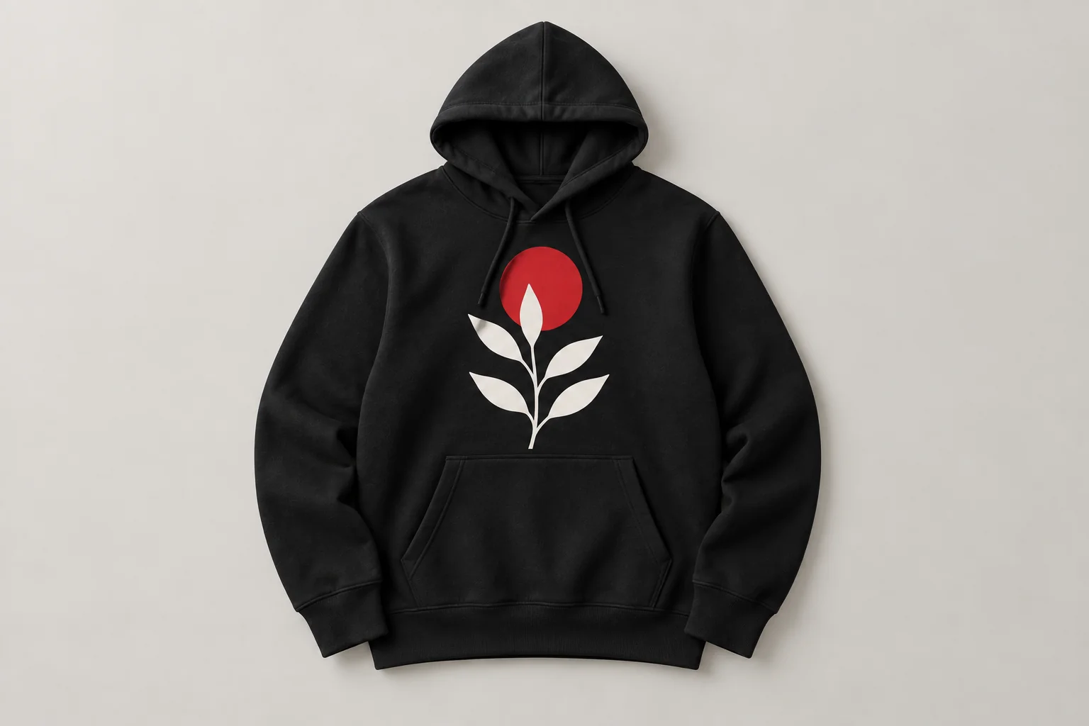 Illustrative mockup of a black hoodie with a white and red botanical print