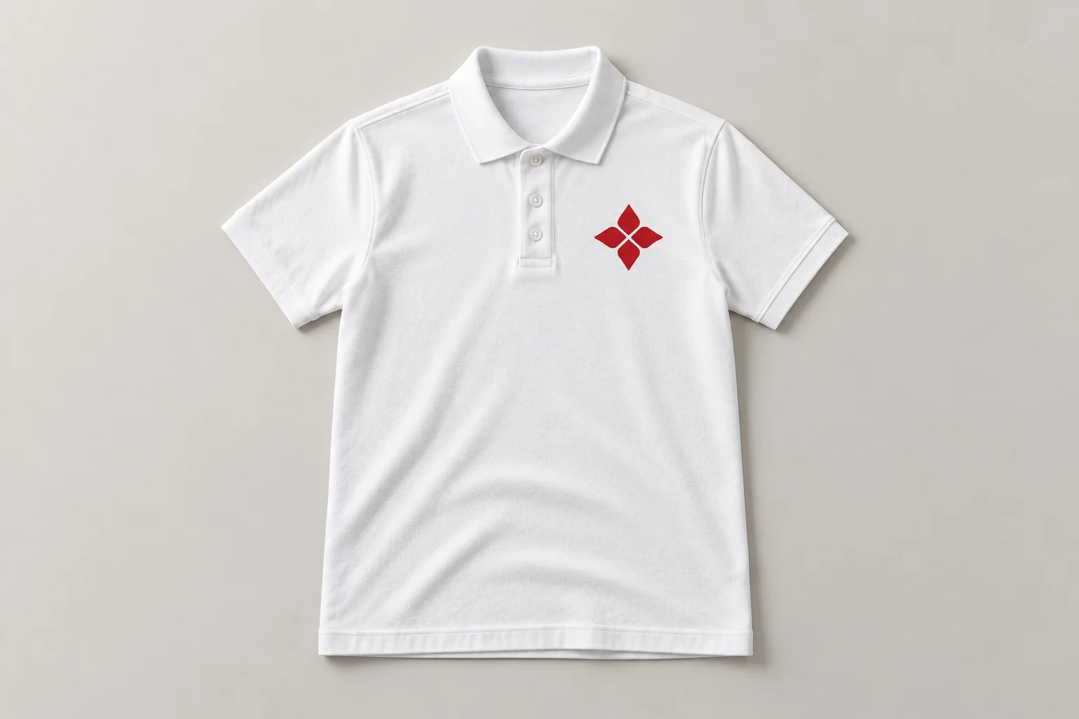 Illustrative mockup of a white polo shirt with a small red print