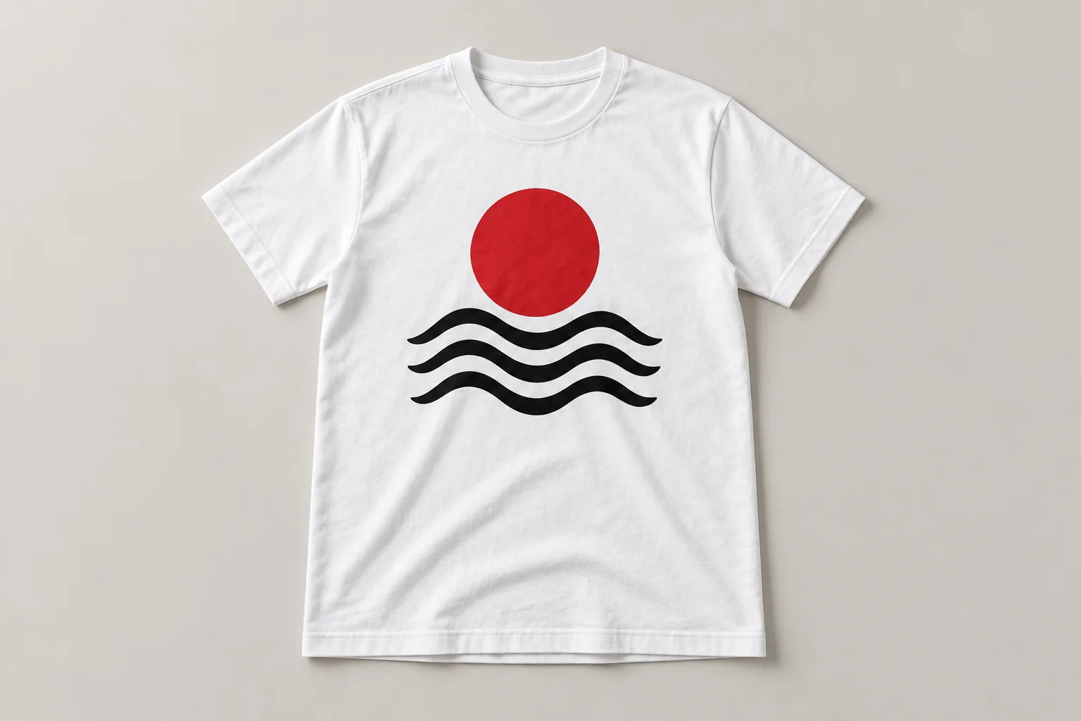 Illustrative mockup of a white t-shirt with a red sun and black waves