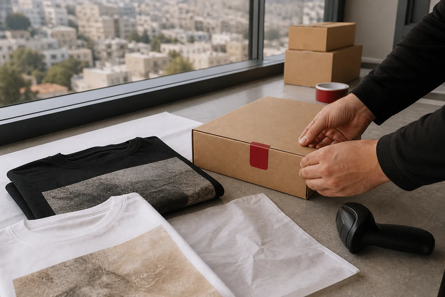 Illustrative view of printed t-shirts being packed in a delivery box