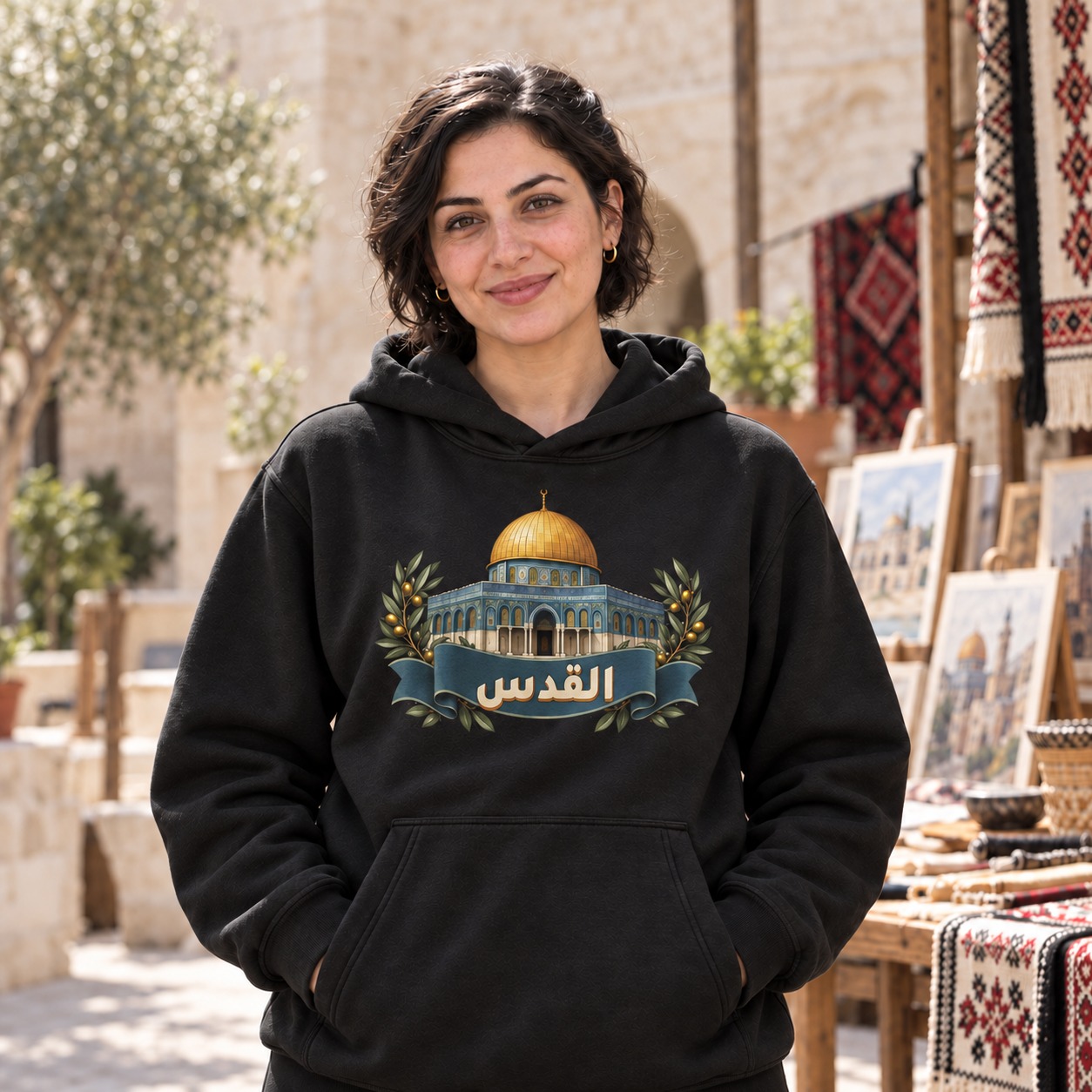 هودي أسود قبة ذهبية وواجهة زرقاء بين أغصان الزيتون، واسم القدس بالعاجي داخل شريط أزرق داكن