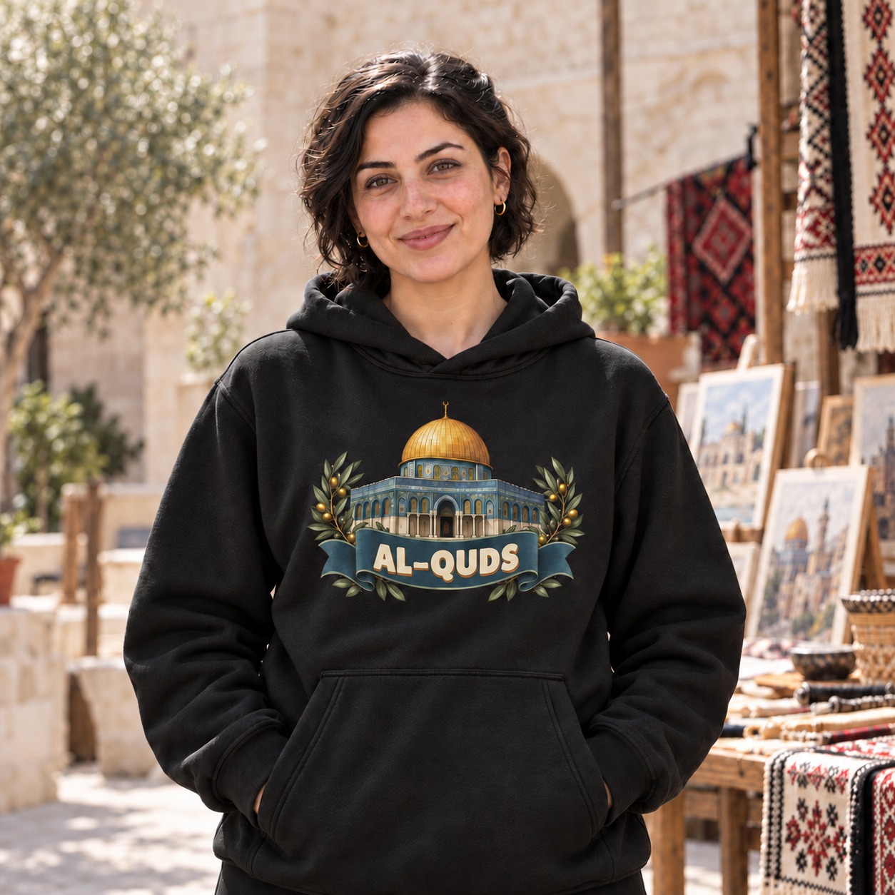 Black hoodie a golden dome and blue facade framed by olive branches, with ivory AL-QUDS lettering inside a dark teal ribbon