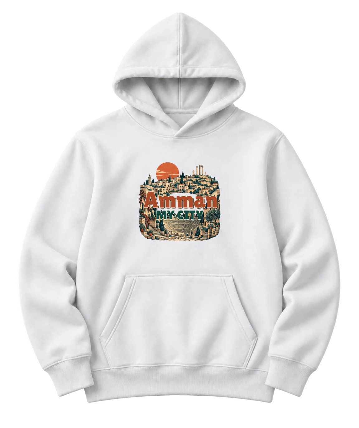 White hoodie with Amman hillside houses, the Roman Theatre, Citadel columns and Amman My City lettering