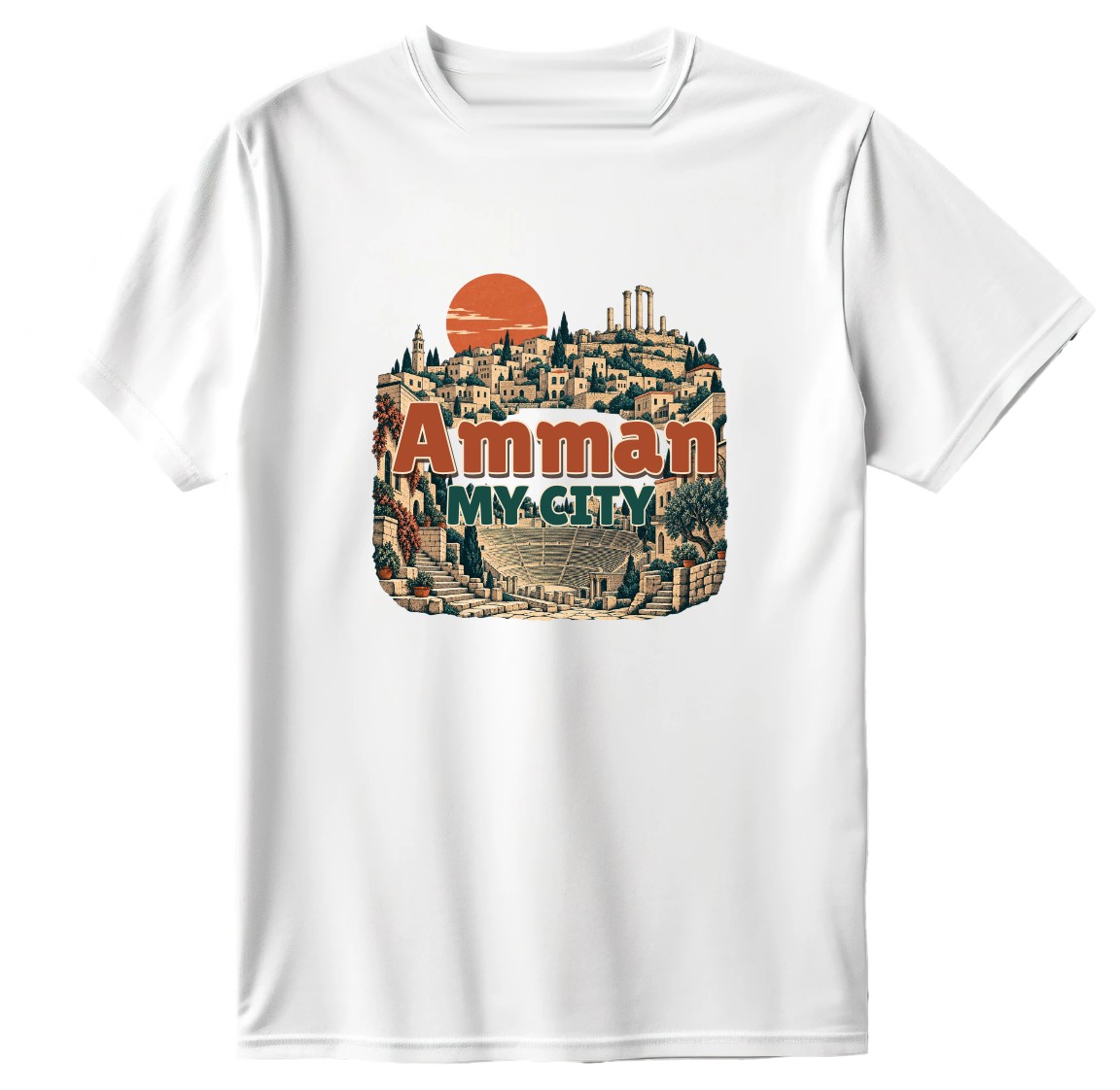 White T-shirt with Amman hillside houses, the Roman Theatre, Citadel columns and Amman My City lettering