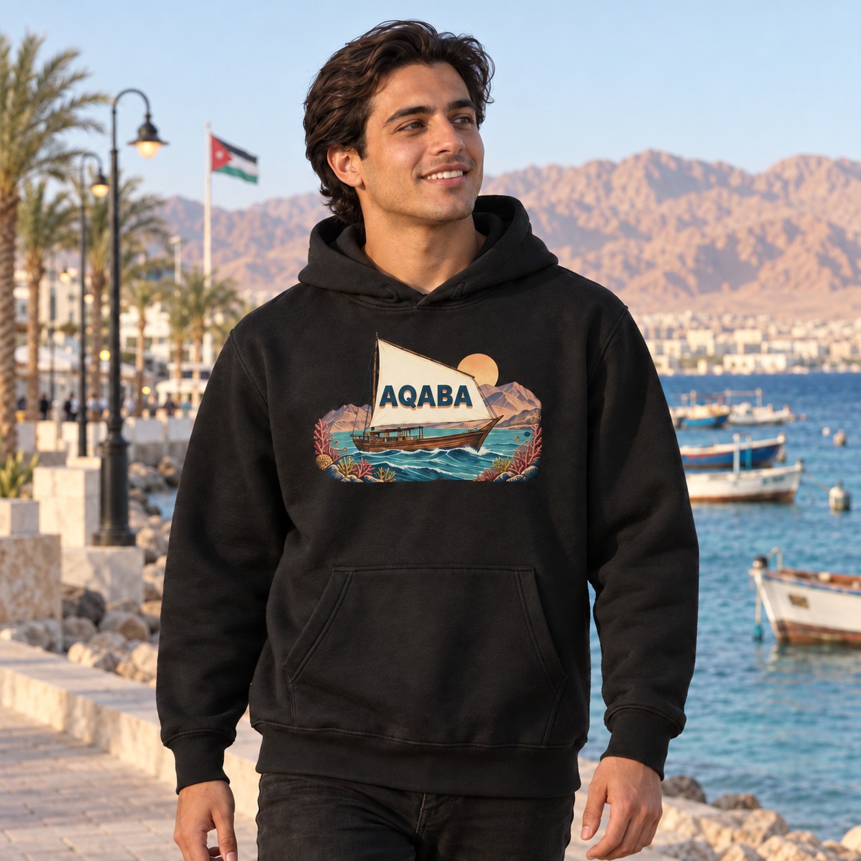 Black hoodie wooden boat on turquoise water with rose and ochre coral, its ivory sail carrying navy AQABA lettering and a sandy rose solid shadow