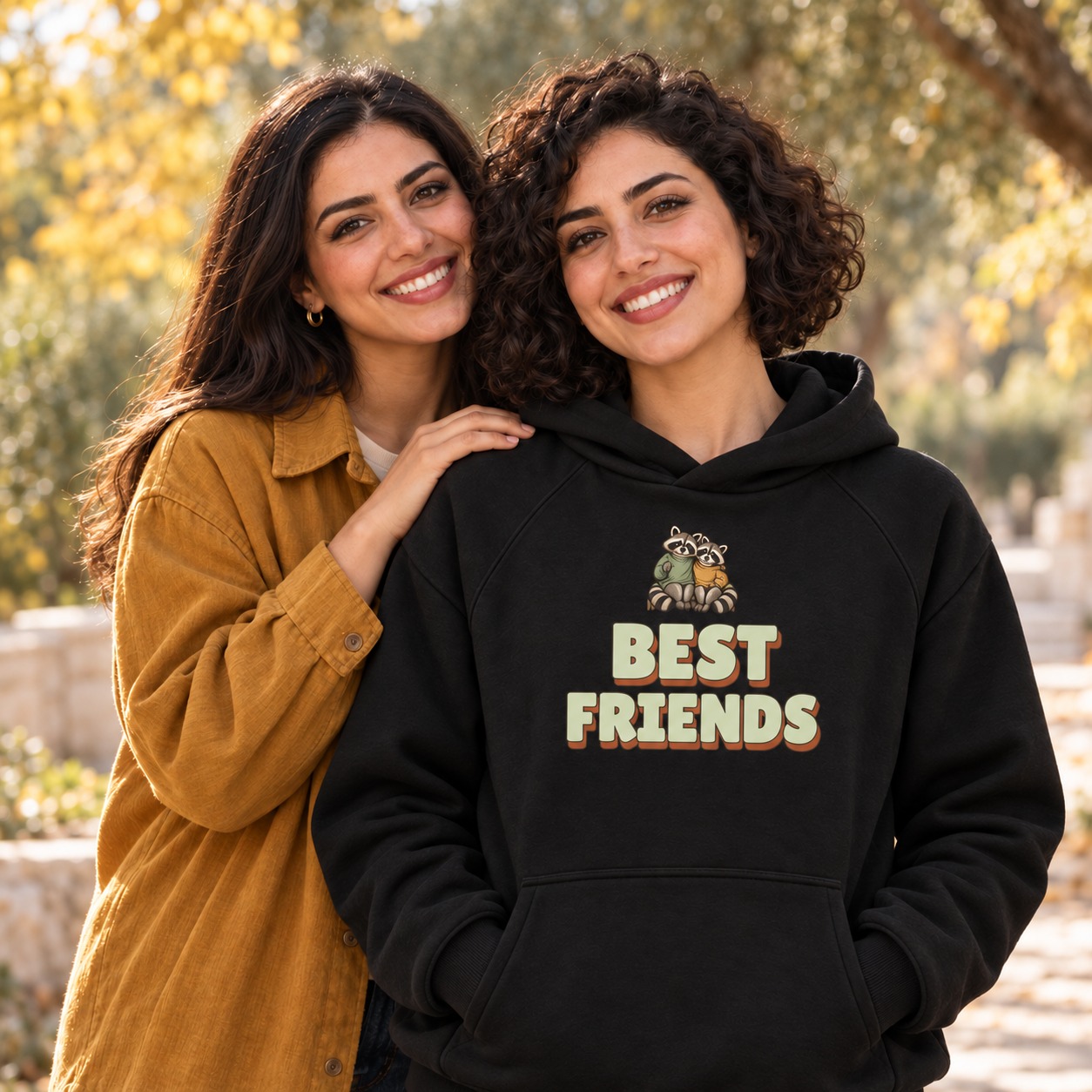 Black hoodie two raccoon friends above large pale-sage Best Friends lettering with a warm solid shadow