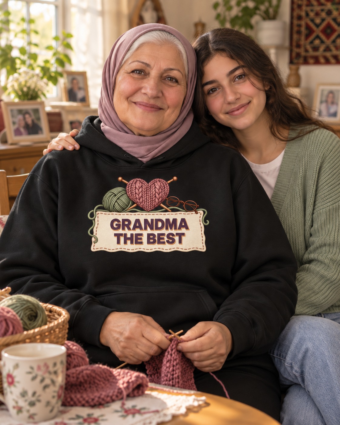 Black hoodie a dusty rose knitted heart, copper needles, sage yarn and reading glasses above plum GRANDMA / THE BEST lettering with a warm solid shadow inside an ivory stitched label