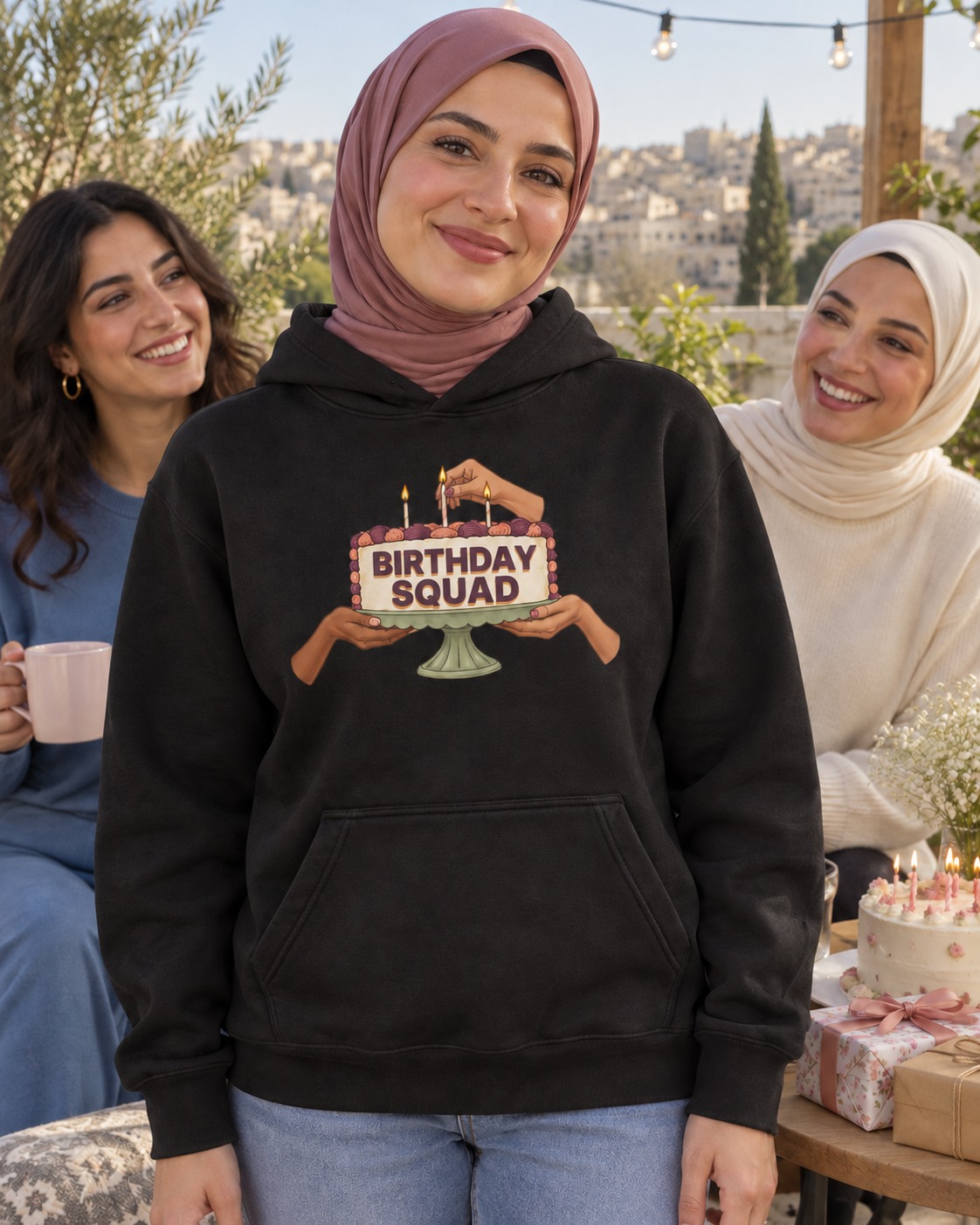 Black hoodie three hands sharing a candle-topped birthday cake on a sage stand, with deep plum BIRTHDAY SQUAD lettering and a warm solid shadow on the ivory cake front