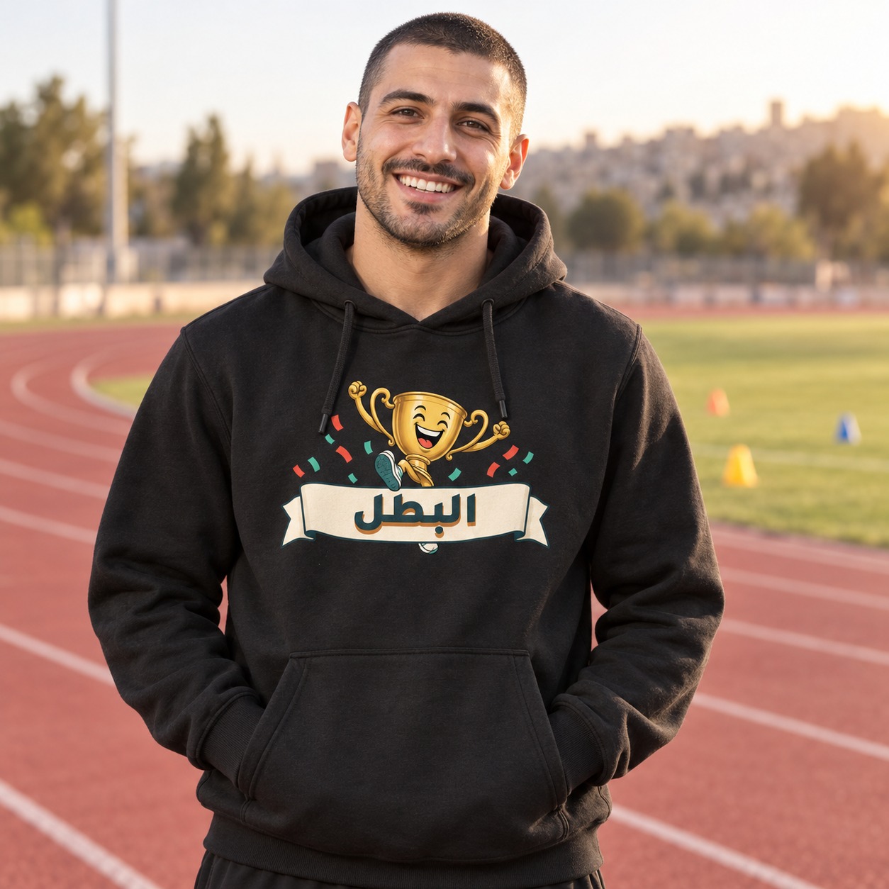 هودي أسود كأس ذهبي مبتسم يرفع قبضتيه ويجري بحذاء رياضي عبر شريط عاجي يحمل كلمة البطل بخط أخضر داكن وظل دافئ