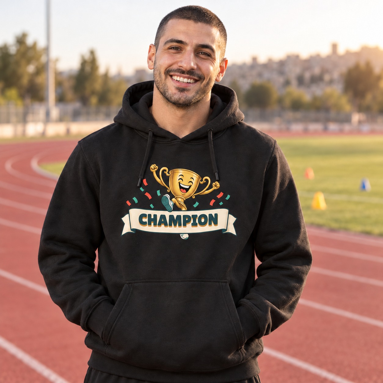 Black hoodie a smiling gold trophy raising its fists and sprinting through an ivory finish ribbon with dark teal CHAMPION lettering and a warm solid shadow