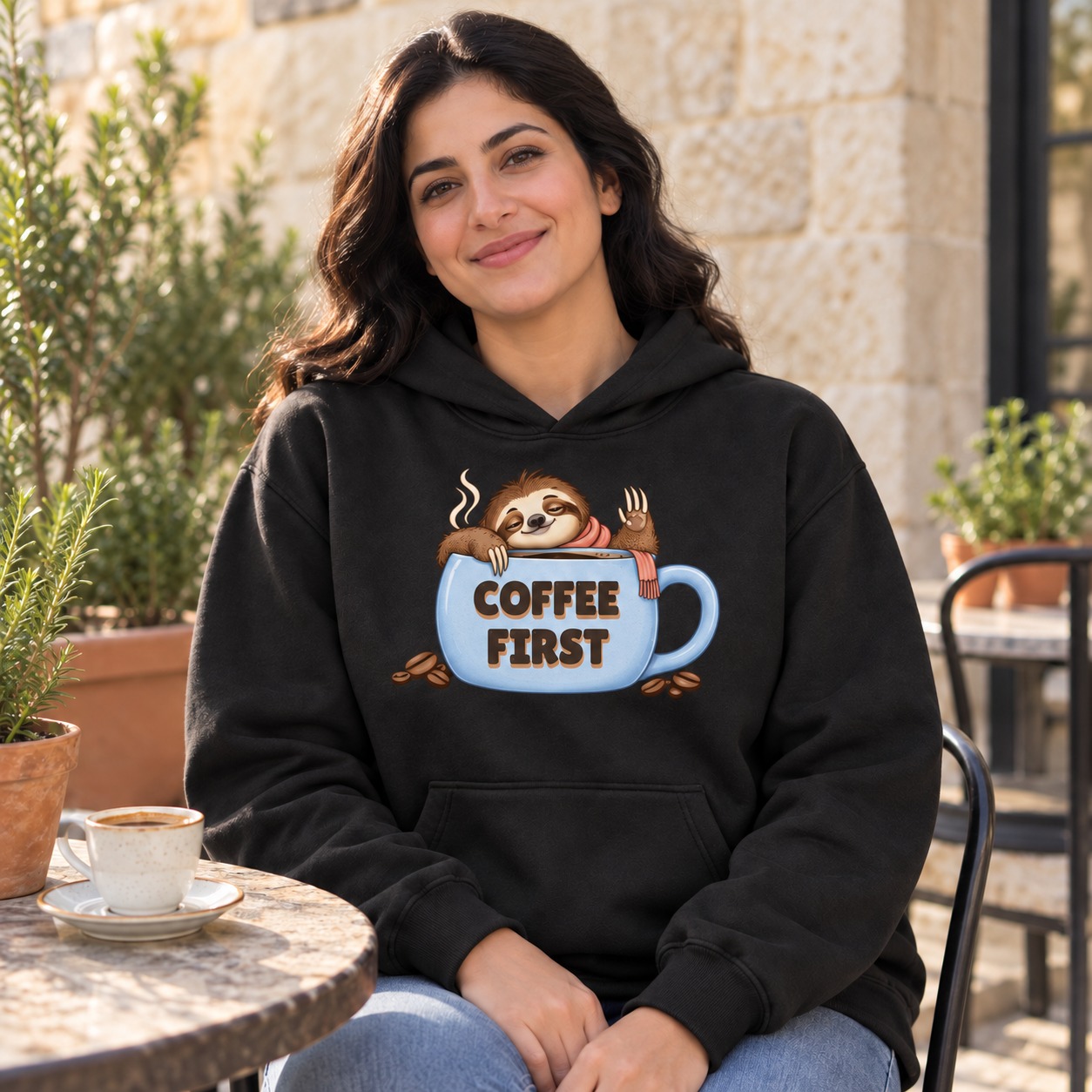 Black hoodie a sleepy sloth raising a paw above a pale blue coffee mug with dark brown COFFEE FIRST lettering and a warm solid shadow