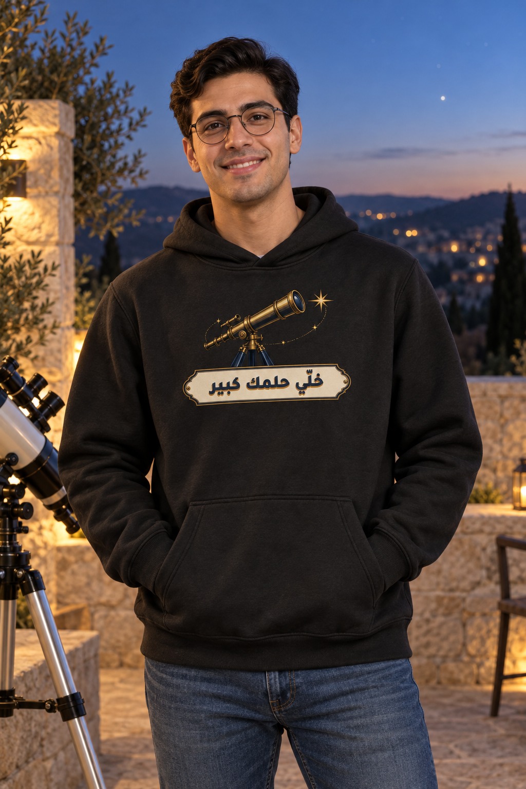 هودي أسود منظار نحاسي وكحلي يتجه نحو نجمة ذهبية فوق لوحة عاجية تحمل خلّي حلمك كبير بخط كحلي وظل ذهبي هادئ