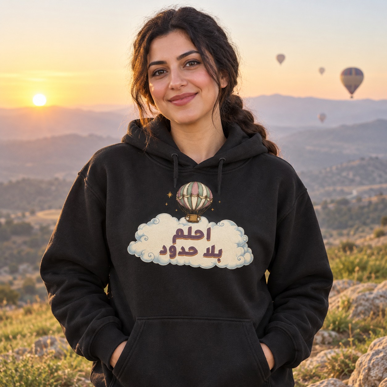 هودي أسود منطاد وردي وأخضر هادئ فوق سحابة عاجية تتوسطها عبارة احلم بلا حدود بلون برقوقي وظل دافئ