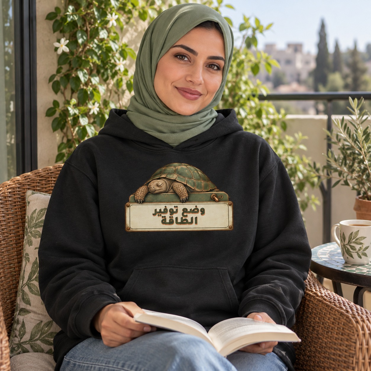 هودي أسود سلحفاة نعسانة بدرع زيتوني فوق مفتاح طاقة كلاسيكي ولوحة عاجية تحمل وضع توفير الطاقة بخط زيتوني وظل دافئ