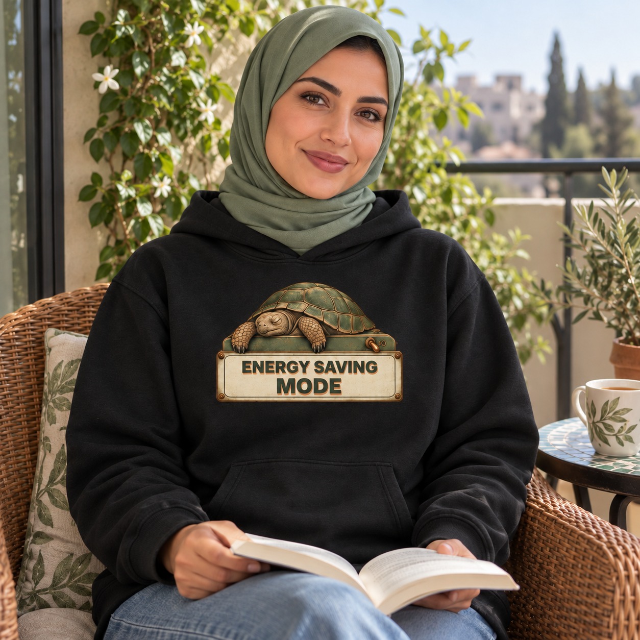 Black hoodie a sleepy olive-shelled tortoise resting on a vintage copper power switch above an ivory panel with olive ENERGY SAVING MODE lettering and sandy solid shadow