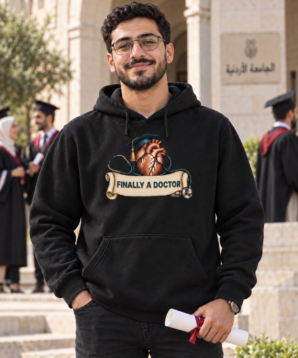 Black hoodie a terracotta engraved anatomical heart with a graduation cap and flowing stethoscope framing an ivory diploma with deep teal FINALLY A DOCTOR lettering and a warm solid shadow