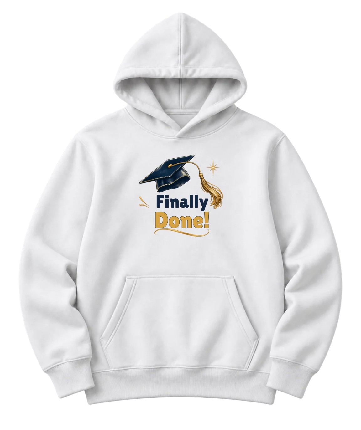 White hoodie with a navy graduation cap, gold tassel and Finally Done lettering