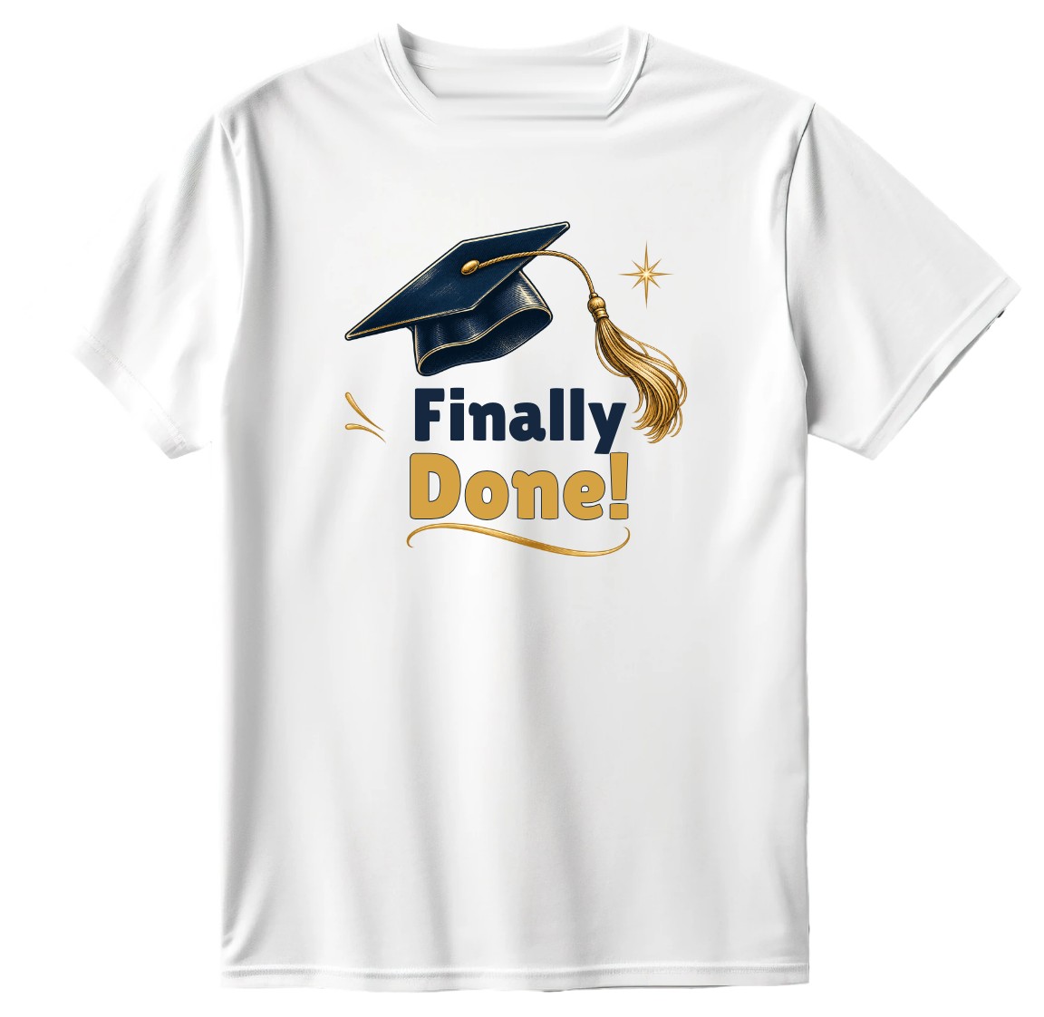 White T-shirt with a navy graduation cap, gold tassel and Finally Done lettering