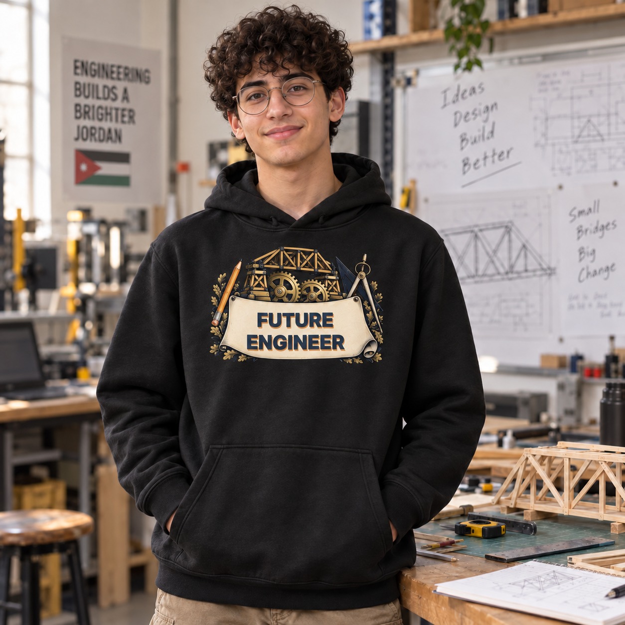 Black hoodie a miniature truss bridge over brass gears and drafting tools framing ivory paper with navy FUTURE ENGINEER lettering and a gold solid shadow