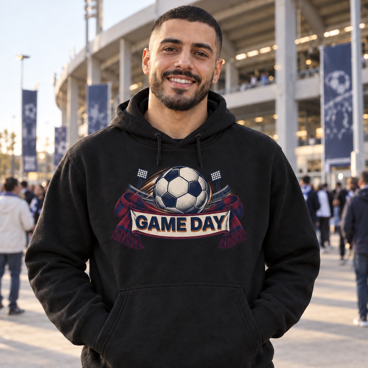 Black hoodie a large football with stadium floodlights and stands, a navy-and-burgundy supporter scarf carrying bold navy GAME DAY lettering and copper solid shadow on its ivory centre