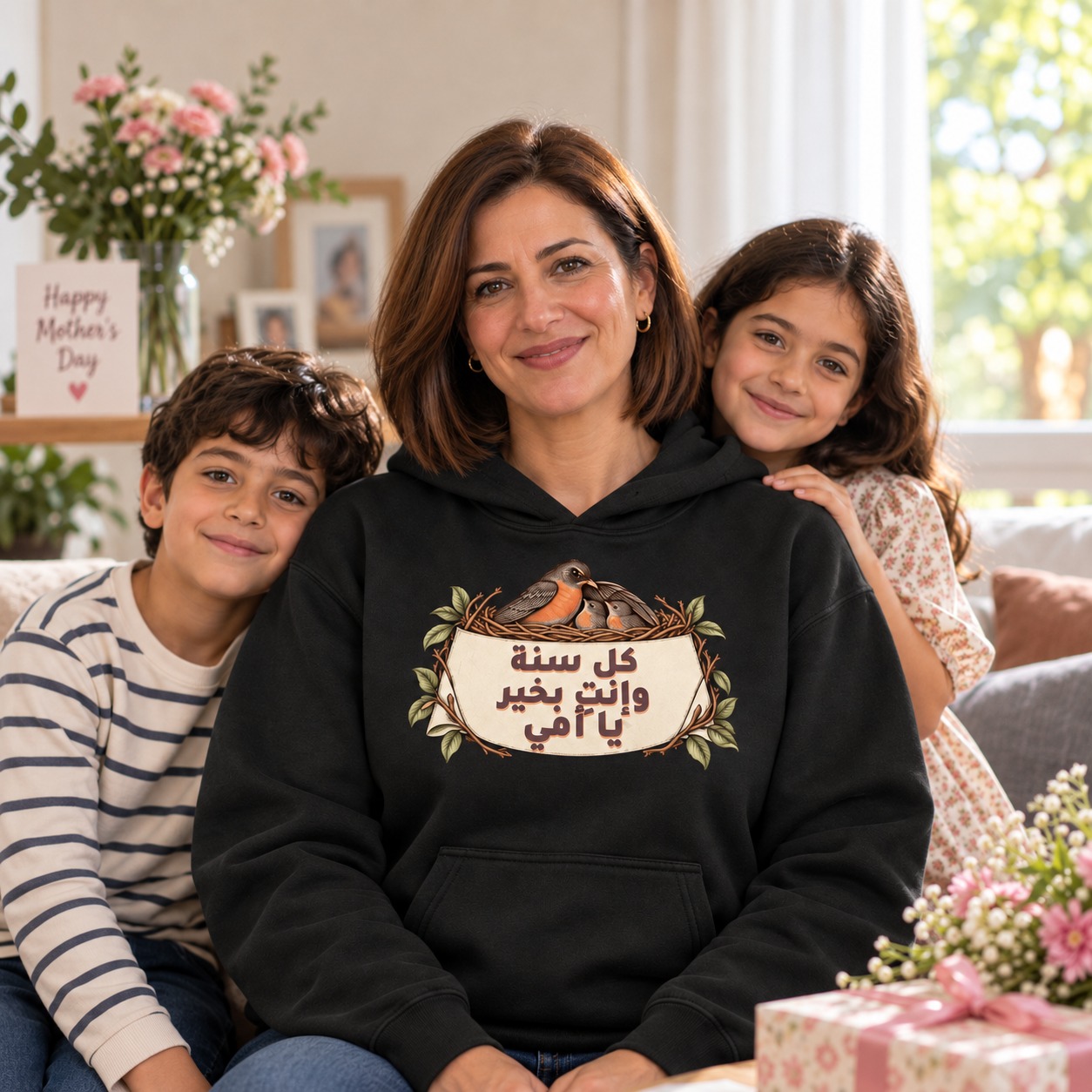 هودي أسود عصفورة تحمي صغيريها بجناحها فوق عش وبطاقة عاجية تحمل كل سنة وإنتِ بخير يا أمي بخط برقوقي وظل وردي هادئ