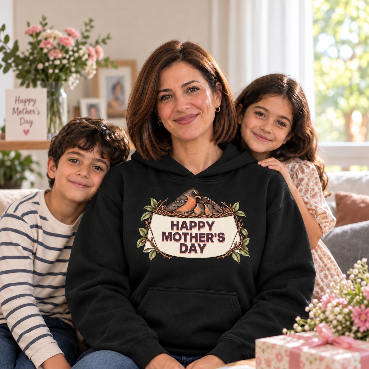 Black hoodie a mother robin sheltering two chicks in a nest above an ivory card with bold plum HAPPY MOTHER'S DAY lettering and a soft rose solid shadow