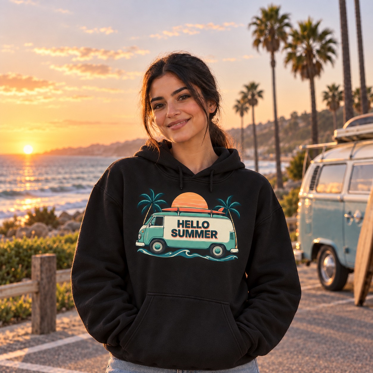 Black hoodie a seafoam vintage camper van with surfboard, palms and peach sun, carrying deep petrol HELLO SUMMER lettering and a soft coral solid shadow on its ivory side