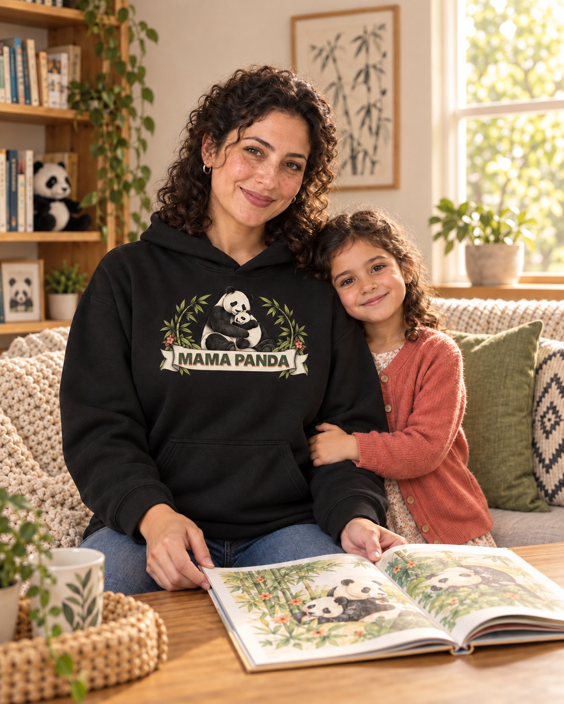 Black hoodie a mother panda hugging her cub between sage bamboo and coral blossoms, above green MAMA PANDA lettering with a muted rose solid shadow inside an ivory banner