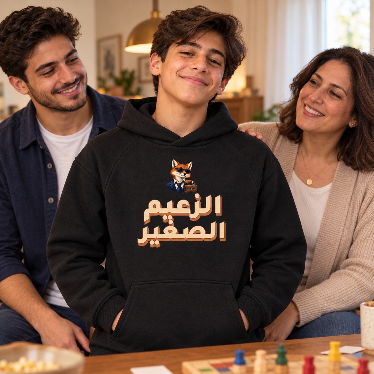 هودي أسود ثعلب بنظارة وربطة عنق وحقيبة فوق عبارة الزعيم الصغير الكبيرة بلون مشمشي وظل صلب