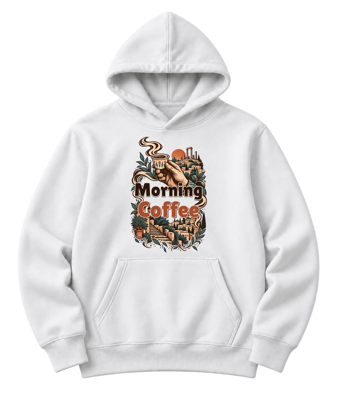 White hoodie with a hand holding a coffee cup, stone houses and Morning Coffee lettering