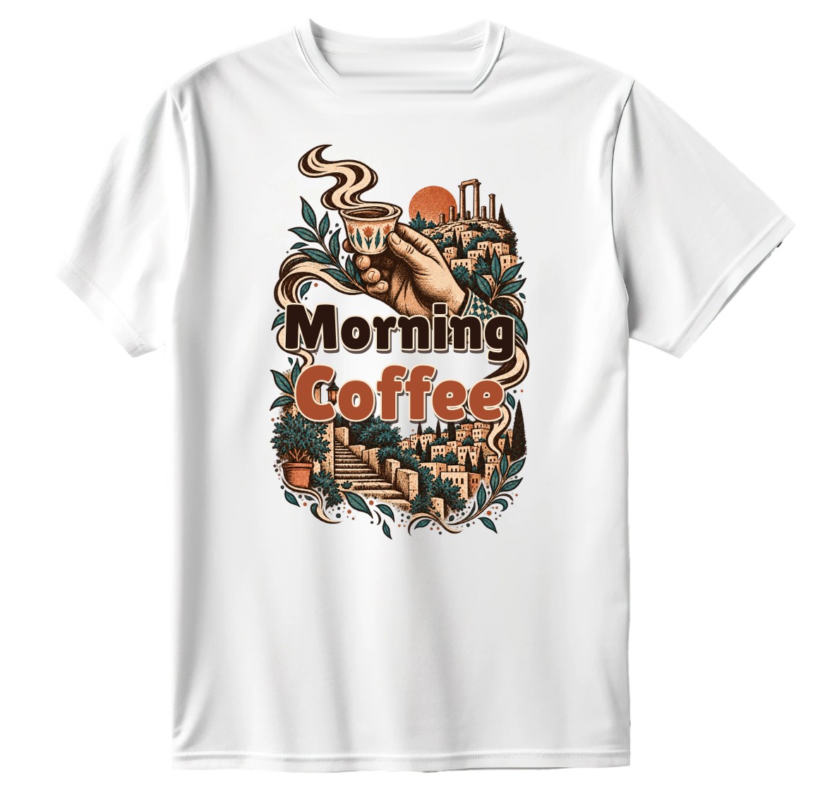 White T-shirt with a hand holding a coffee cup, stone houses and Morning Coffee lettering