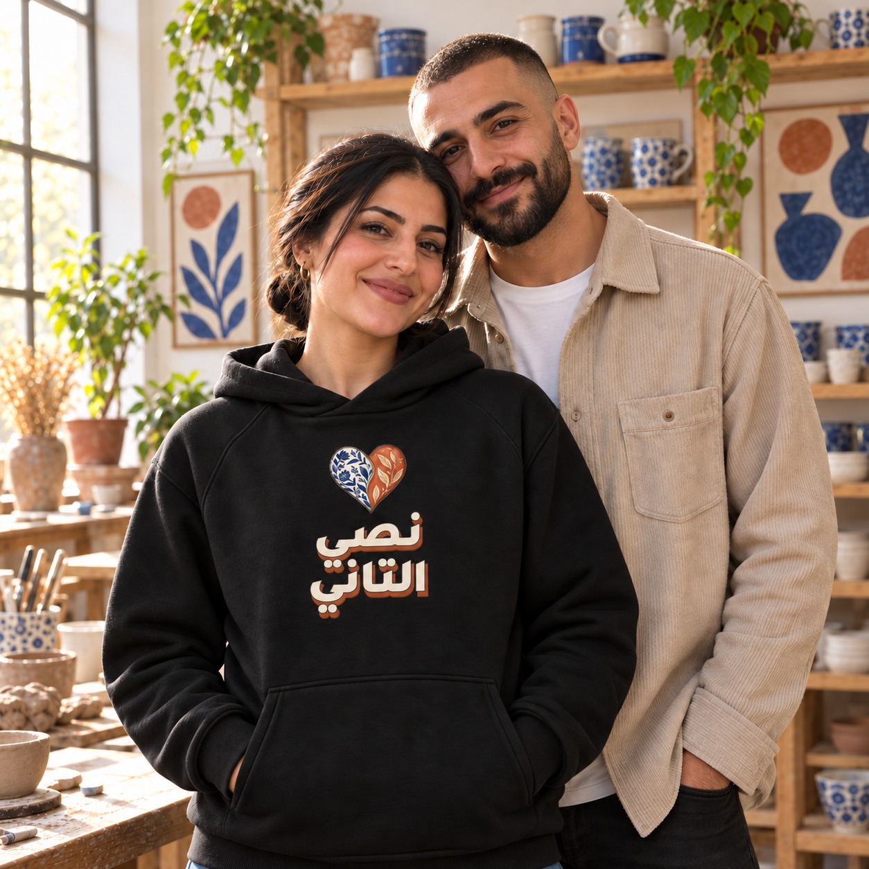 هودي أسود قلب بنصفين متكاملين بزخارف خزفية فوق عبارة نصي التاني الكبيرة بظل طيني
