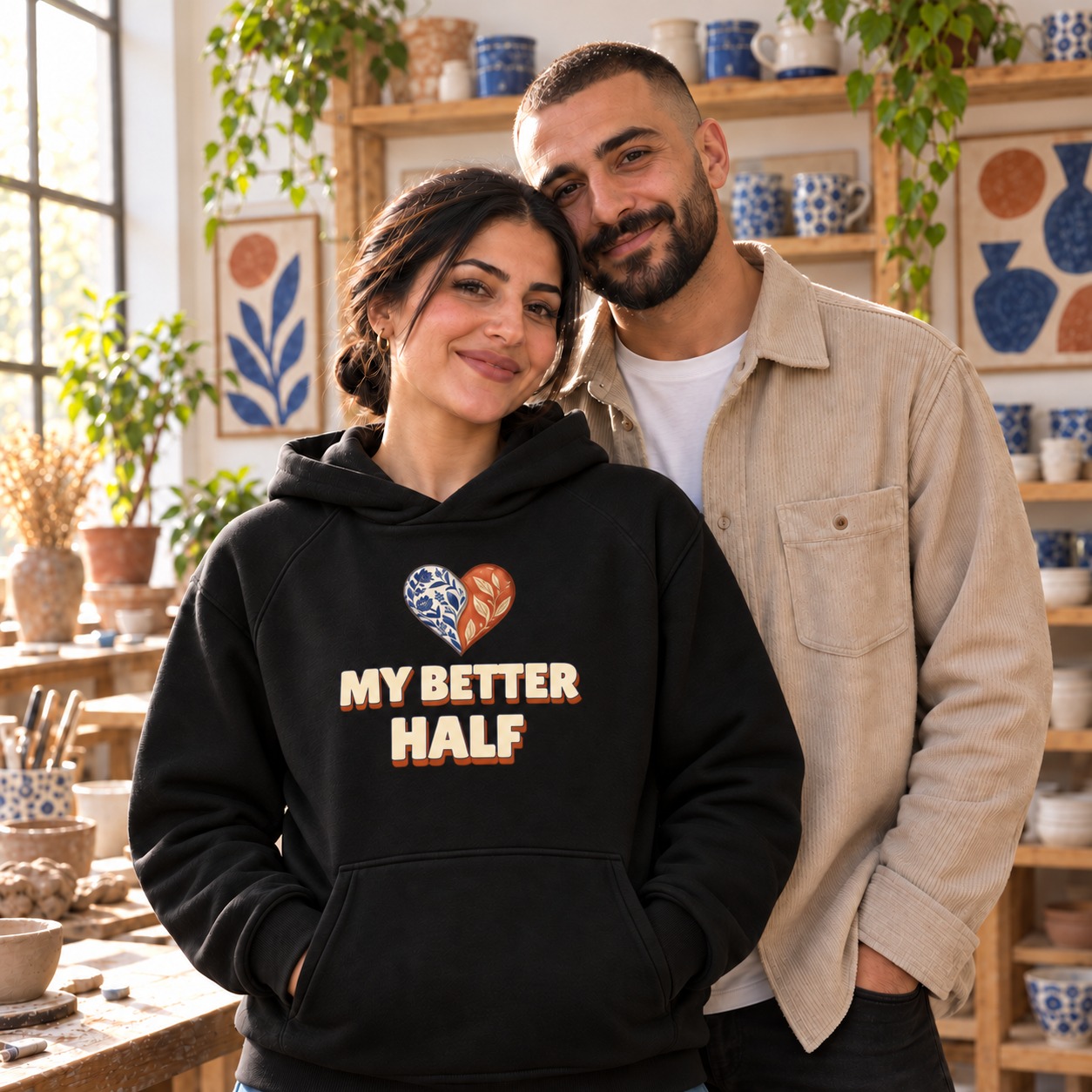 Black hoodie a heart of two complementary ceramic-patterned halves above My Better Half lettering with a warm terracotta shadow
