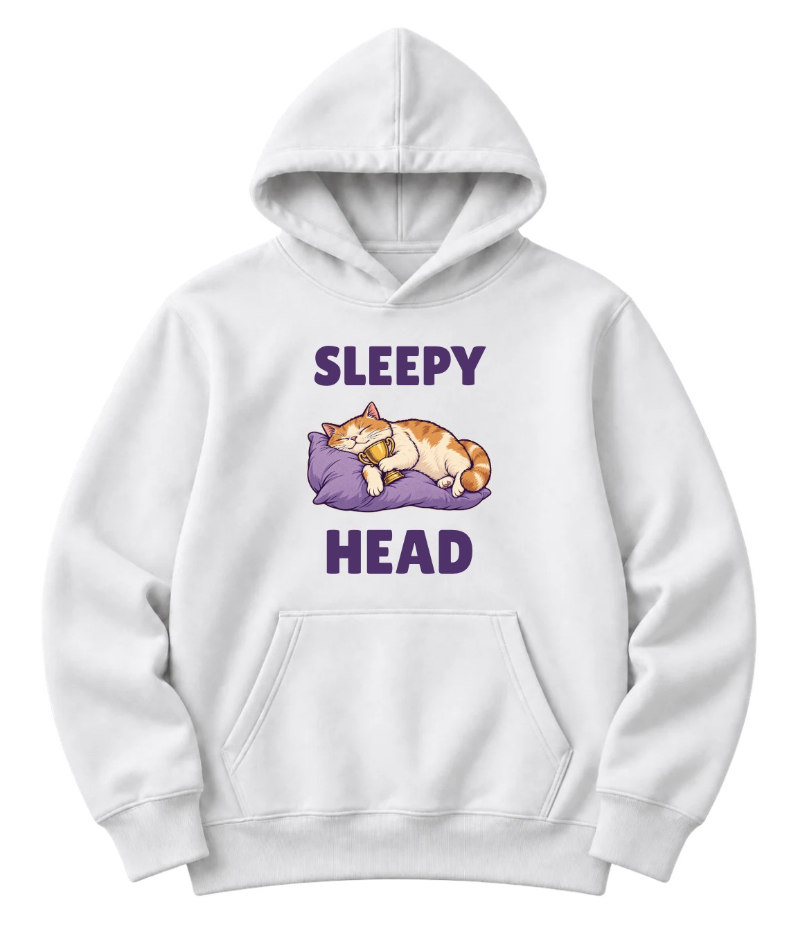 White hoodie with a sleeping cat, golden trophy and Sleepy Head lettering