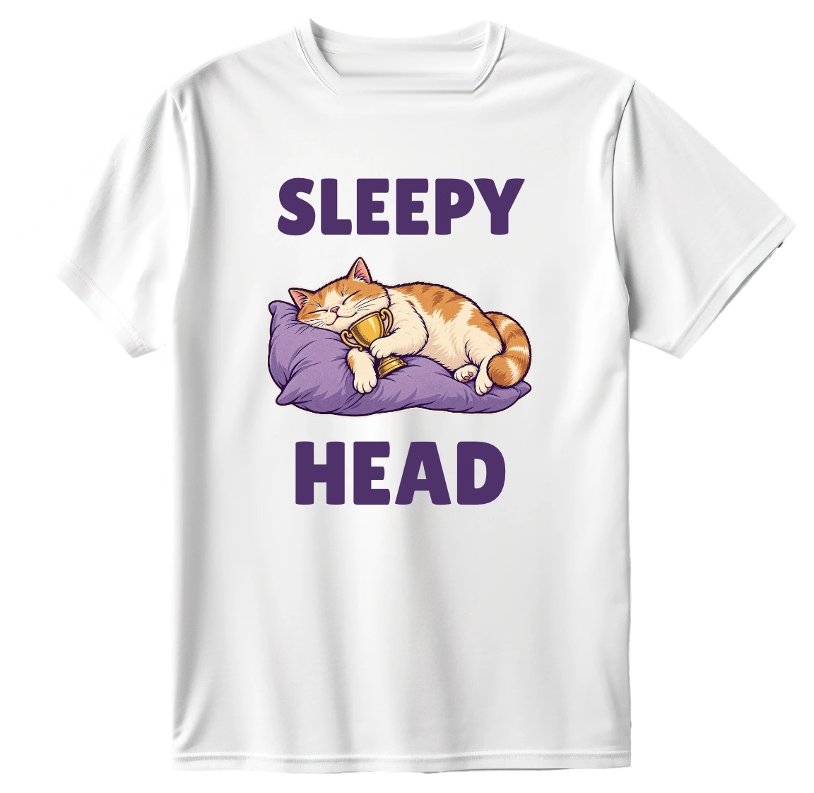 White T-shirt with a sleeping cat, golden trophy and Sleepy Head lettering