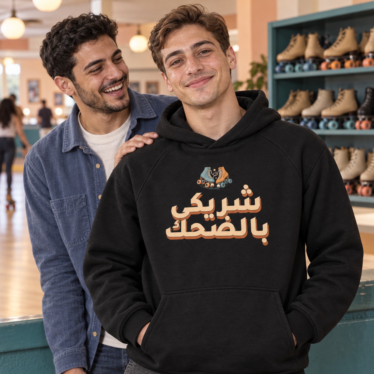 هودي أسود حذاءا تزلج قديمان بأربطة ملتفة فوق عبارة شريكي بالضحك الكبيرة بالمشمشي الهادئ وظل صلب دافئ