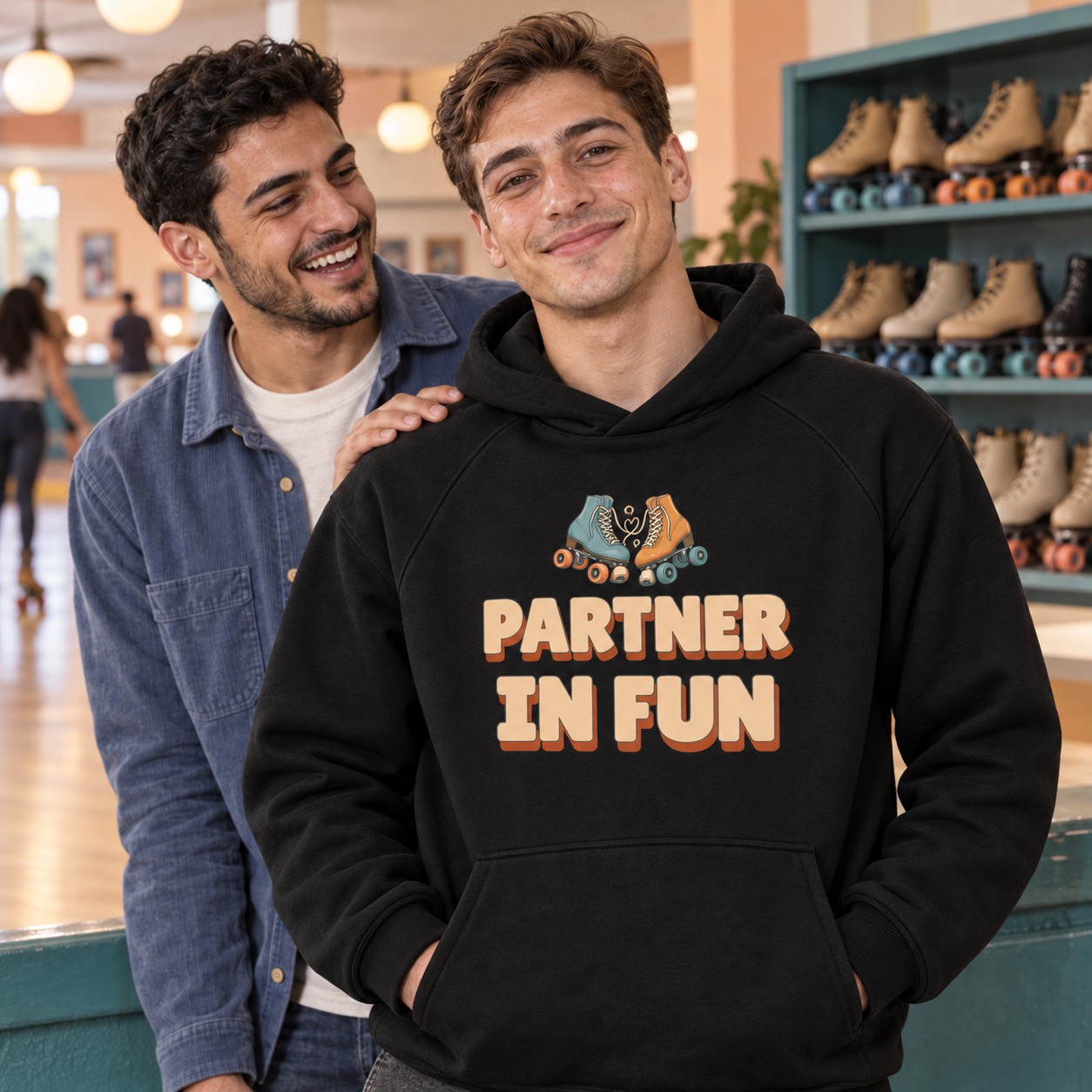 Black hoodie two vintage roller skates with curled laces above large soft-apricot Partner in Fun lettering with a warm solid shadow