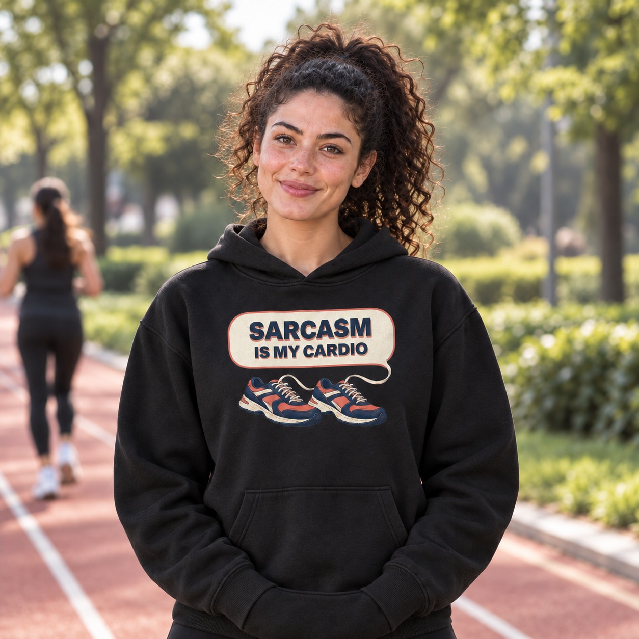 Black hoodie navy-and-coral retro running trainers with laces forming an ivory speech bubble around bold navy SARCASM IS MY CARDIO lettering and a muted coral solid shadow