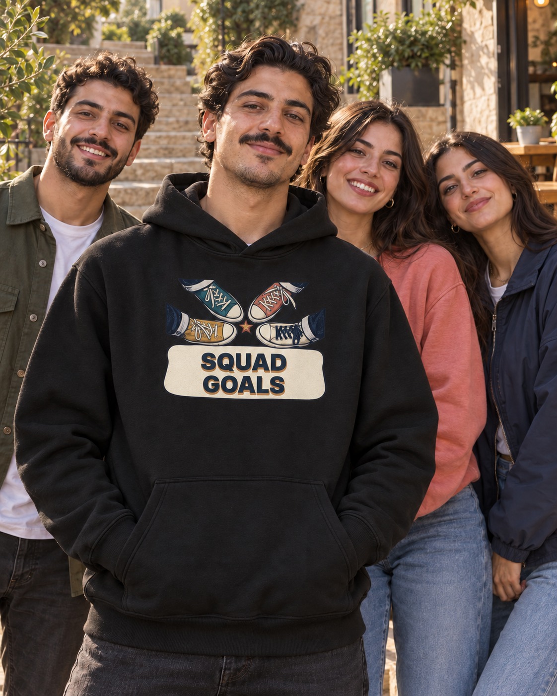 Black hoodie four teal, coral, ochre and ivory canvas sneakers around a star, above navy SQUAD GOALS lettering with a sandy solid shadow inside an ivory panel