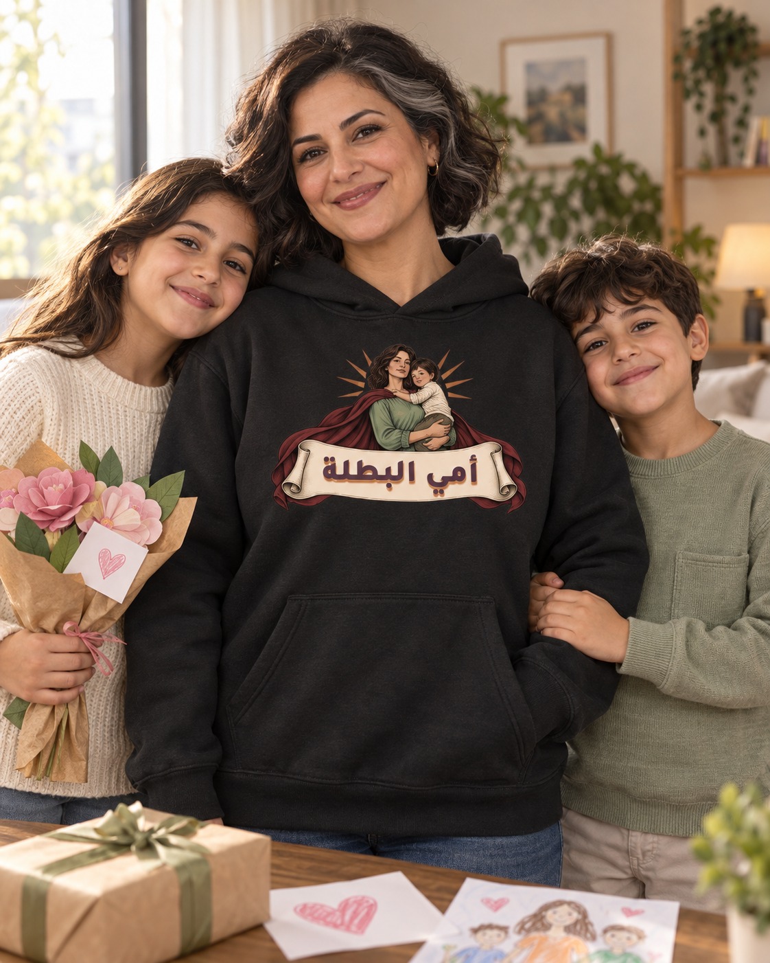 هودي أسود أم تحمل طفلها برداء بطولة خمري وبلوزة بلون المريمية، فوق شريط عاجي يحمل أمي البطلة بخط برقوقي وظل دافئ