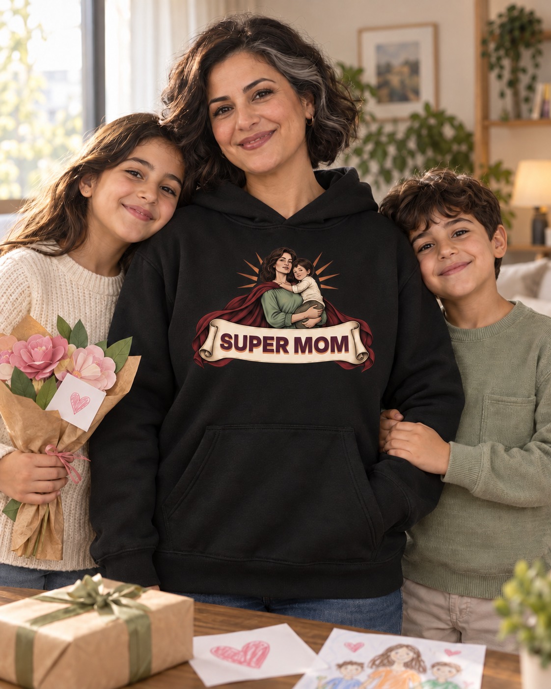 Black hoodie a mother holding her child in a burgundy hero cape and sage blouse, above plum SUPER MOM lettering with a warm solid shadow inside an ivory scroll