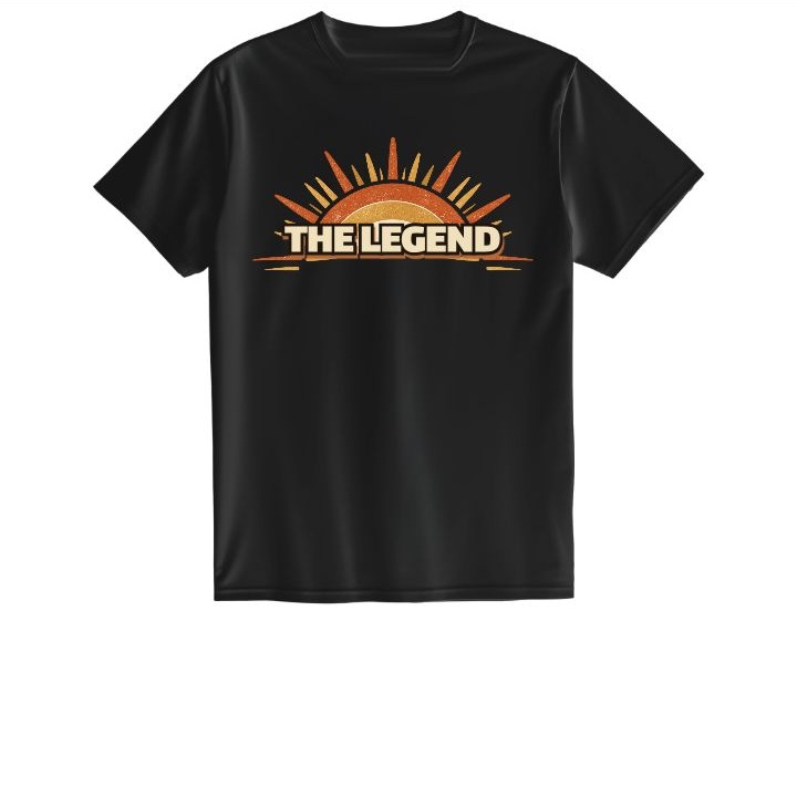 Black T-shirt with The Legend lettering and a warm vintage sunburst