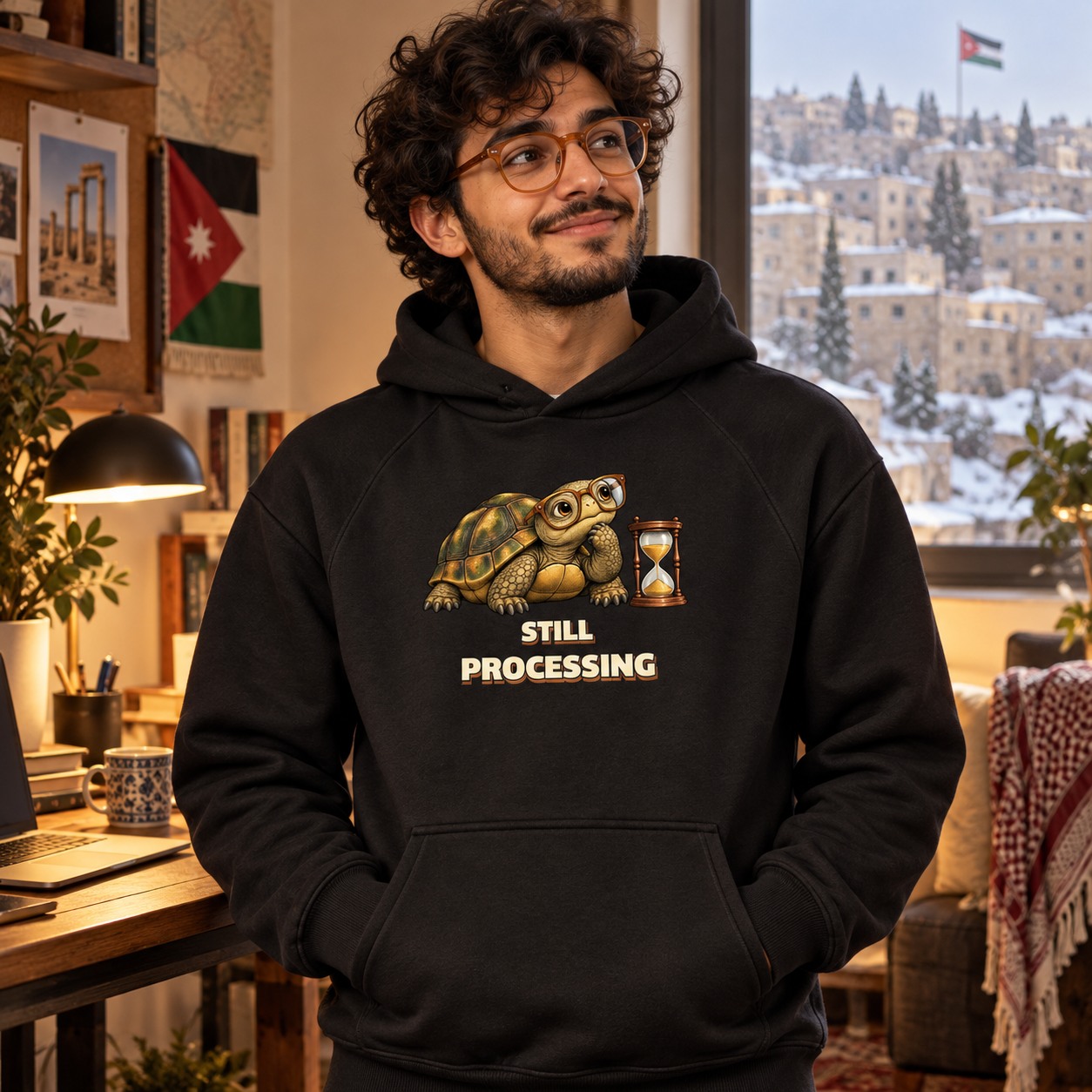 Black hoodie a tortoise in amber glasses beside a copper hourglass